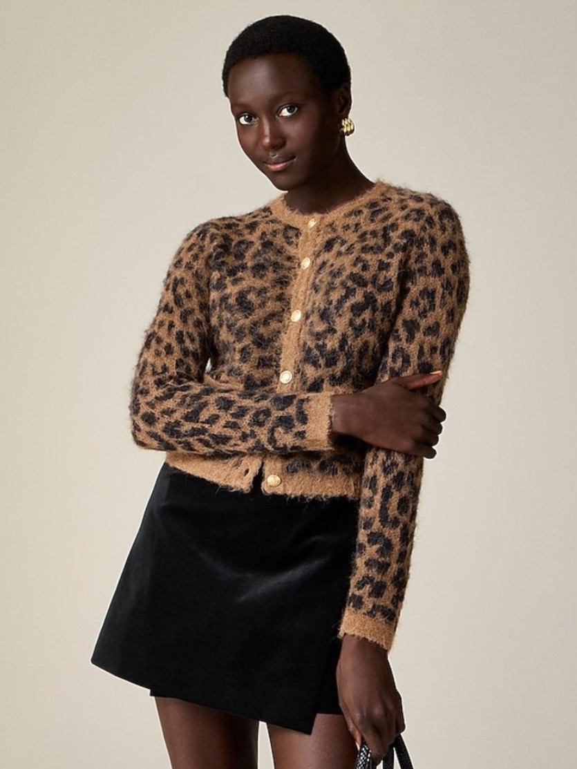 Jcrew Brushed Sweater Lady Jacket In Leopard Print Size Xs Crop Fit $118 Ce695